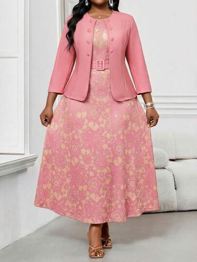 SHEIN Lady  2pcs Plus Size Women's Business Abstract Wavy Print Simple Round Neck Belted Holiday Midi Pink Dress Set Going Out Outfits Two Pieces Pink Outfits Spring Outfit Women Valentine's Day Wedding Guest Dress For Women  Going Out Outfits  Floral Dress Stylish Clothing Collection Women's Social Blouse Long Dress With Jacket Pink Blazer Dress Pink Blazer Set For Women Pink Dress With Jacket Women Suit Sets