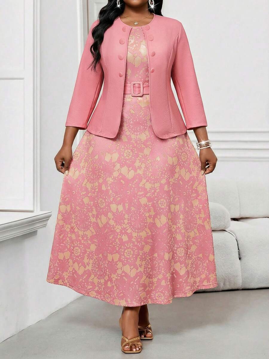 SHEIN Lady 2件套加大码女式商务抽象波浪印花简约圆领系带度假中长连衣裙套装外出穿搭两件套 - 粉色 - 查看 1