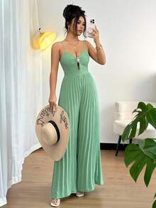 Rafferiza 女士优雅无袖褶皱长款连体裤，浅绿色，适合春夏度假和约会 - 薄荷綠 - 查看 1