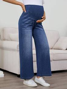 SHEIN Umstandsjeans mit elastischem Bund, verwaschenem Katzenwischer-Effekt und geradem Bein, ideal für Frühling bis Sommer, Valentinstag, Karneval, Pendeln, Urlaub, Abschluss, Chic Y2K, niedliche Streetwear, Party, Hochzeit, elegante Business-Lässig, vielseitige Umstandsjeans mit weitem Bein, blaue Jeans mit elastischem Bund für Schwangerschaftskomfort - Blau - Übersicht 4