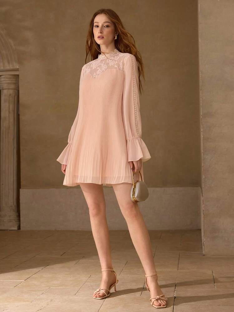 WOMEN'S ROMANTIC ELEGANT LACE PATCHWORK FLARE LONG SLEEVE MINI DRESS, SPRING/SUMMER