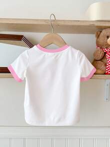 Baby Girl Casual Minimalist Short Sleeve Round Neck Top, Suitable For Summer, Faux Sequins Butterfly Print, Sweet & Cute, Suitable For Parties & Casual Wear - Multicolor - View 3