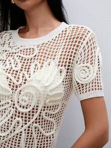 ATUI Studio Top tricoté à manches courtes avec motif floral et découpes pour femmes, idéal pour les vacances d'été - Blanc - Voir 2
