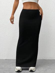 SHEIN PETITE CURVE Falda larga negra de talla grande para mujer, cintura alta, corte ajustado, color liso, casual elegante para uso diario y oficina, elegante y versátil para otoño - Negro - Ver 5