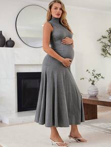 SHEIN Vestido casual de uso diario para salidas y reuniones, de unicolor y cuello alto, para embarazadas - Gris - Ver 5