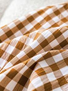 SHEIN LMoss Kids 两件套，含帽子，男女宝宝通用，杏色条纹无袖连体衣短裤和百搭渔夫帽，适合春夏度假旅行。 - 卡其色 - 查看 7