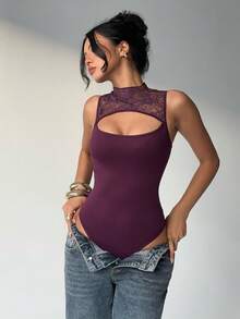 Aloruh 女士性感浪漫蕾丝拼接圆领修身连体衣 - 酒紅色 - 查看 7