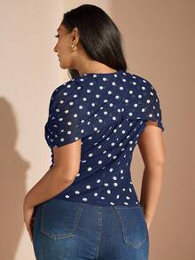 SHEIN BAE 大码女式波点印花圆领休闲短袖上衣 - 藏蓝色 - 查看 3