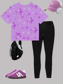 Bộ 2 món gồm áo nỉ ngắn tay và quần legging in hình trái tim hoạt hình K-Pop dành cho bé gái, thích hợp mặc hàng ngày và đi nghỉ mát, thoải mái và ấm áp. - Hồng - Xem 2