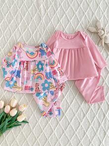 4件套新生女宝宝套装，可爱卡通彩虹老虎和花卉印花露肩T恤和裤子，粉色纯色长袖睡衣套装 - 粉色 - 查看 6