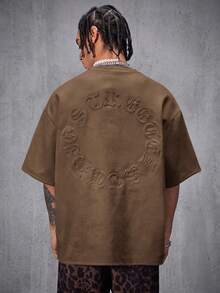 AXEPEAK 男士街头风透气绒面植绒宽松落肩圆领短袖T恤 - 咖啡棕 - 查看 3