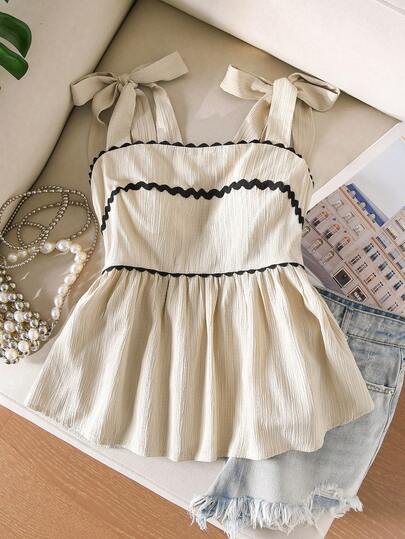 CosyJoli Plus Size Contrast Color Shoulder Tie Ruffle Hem Pleated Summer Tank Top Tie Shoulder Top Scallop Trim Top Peplum Top Bow Strap Top Sleeveless Top Spring/Summer Casual Vacation Top For Women