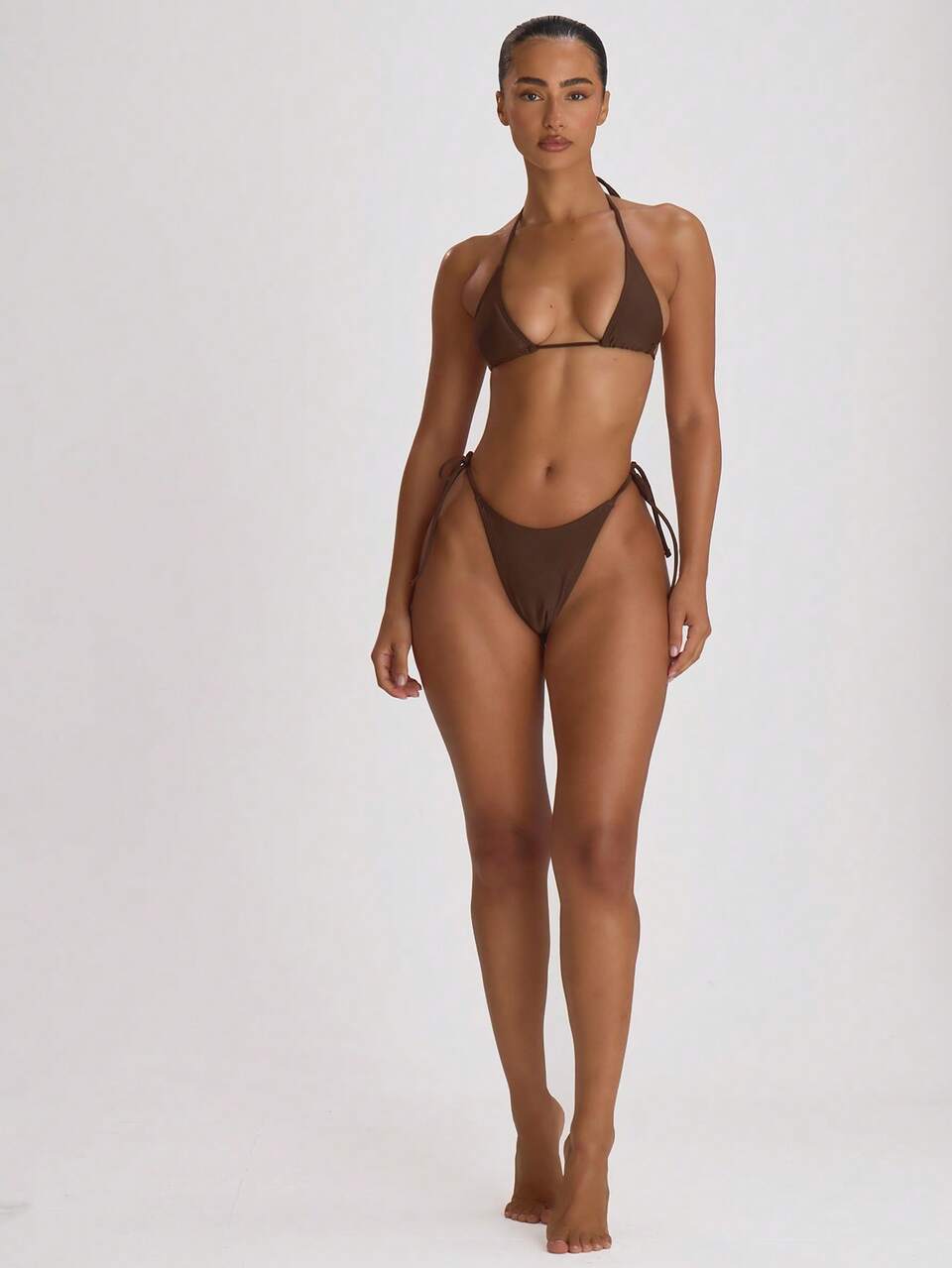 Brown Micro Triangle Halterneck Tie Bikini Top