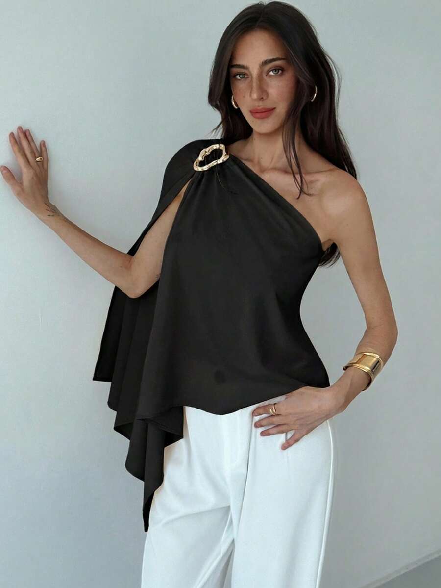 Aloruh Minimalist Commuter Shawl Collar Metal Decor Fitted Apricot Women Blouse,Summer Top - Black - View 1