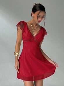 Aloruh Elegant Sexy Charming Ruffle Sleeve A-Line Deep V-Neck Backless Mini Dress For Women - Burgundy - View 6