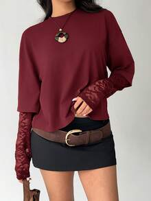 Aloruh Women's Solid Color Minimalist Everyday Lace Splice Sleeve T-Shirt - Burgundy - View 4