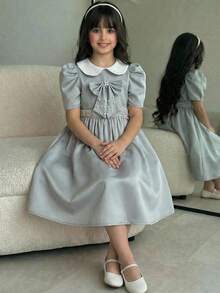 Vestido lindo con cuello Peter Pan, mangas cortas abullonadas y decoración de lazo para niña preadolescente con bloques de color - Verde - Ver 4