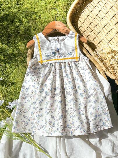 Vintaside Kids 女婴夏季数码印花可爱动物水果装饰刺绣领休闲无袖连衣裙，适合外出、度假和休闲活动