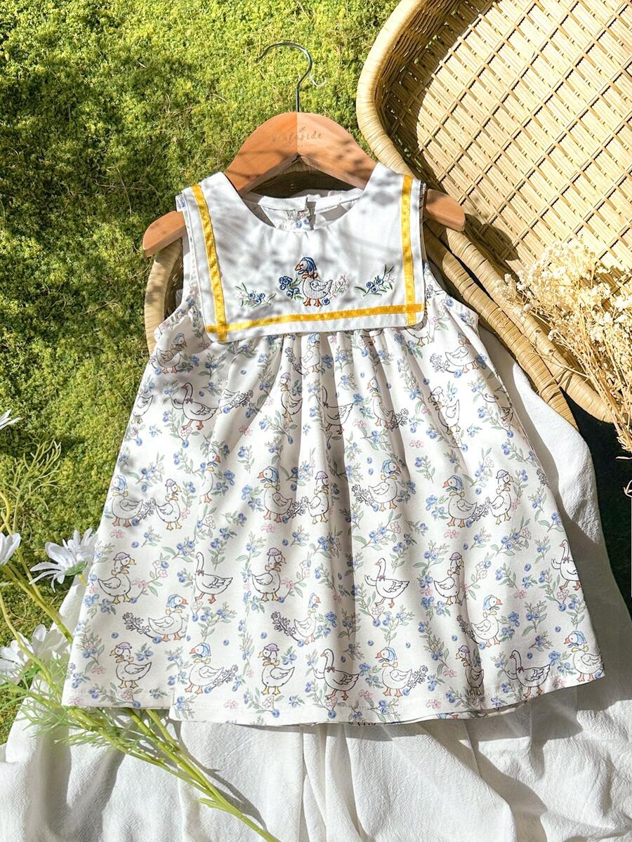 Vintaside Kids 女婴夏季数码印花可爱动物水果装饰刺绣领休闲无袖连衣裙，适合外出、度假和休闲活动 - 杏色 - 查看 1