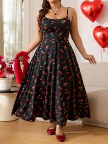 Solflare Bộ đồ 2 món dành cho nữ cỡ lớn: áo khoác cardigan buộc dây phía trước màu trơn và váy hai dây in họa tiết quả anh đào, thích hợp cho mùa xuân/hè. - Nhiều màu - Xem 3