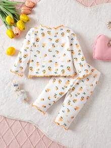 2 Potong Set Piyama Rajut Leher Bulat Berkerut Motif Kartun Lucu untuk Bayi Baru Lahir, Putih, Musim Gugur, Seragam Keluarga, Pakaian Tidur Nyaman untuk Bayi Perempuan - Putih - View 5
