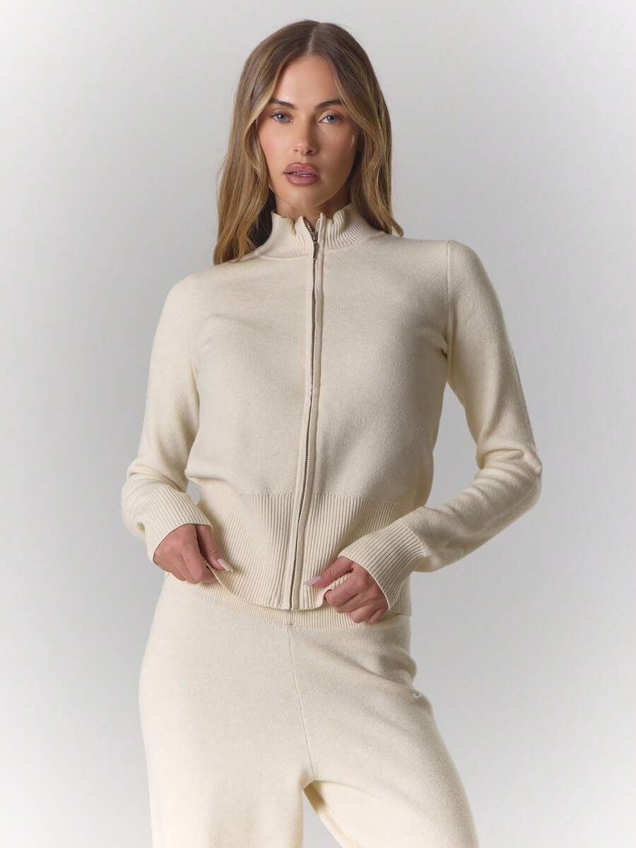 MUSERA 针织漏斗领混色拉链开衫，仅限冬季居家穿着，舒适保暖，适合工作、休闲、优雅等多种场合，尽显春季时尚魅力。 - 奶油色 - 查看 1