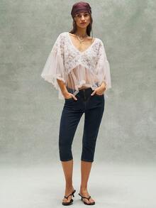 Bohemela Women's Casual Knit Mesh Patchwork Lace Trim Scoop Neck Blouse - Apricot - View 6