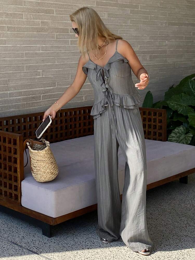 Women's Ruffled Tie-Up Top And Casual Pants 2 Pieces Set, Summer