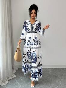 SHEIN Elenzya 女士印花喇叭袖收腰A字连衣裙，优雅百搭，适合度假、通勤、情人节、约会，展现法式街头风情，复古百搭，蓝白花卉植物印花，早春/春夏长袖中长连衣裙 - 彩色 - 查看 4