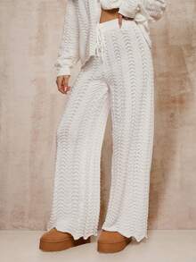 Glamine Women's Perforated Texture Straight Leg Casual Knit Pants, Spring/Autumn White Beach Pants White Wide Leg Pants Women Lace Up Pants - Apricot - View 4