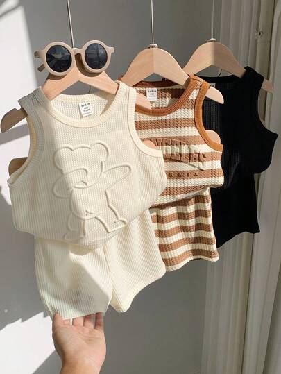 SHEIN Bộ 6 món áo không tay và quần short dễ thương cho bé trai/bé gái, thích hợp mặc mùa xuân/hè.