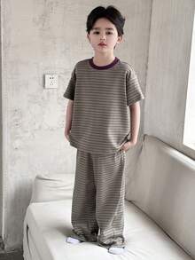 Dazy Kids Tween Boy Casual Striped Short Sleeve Top And Pants Pajama Set, Summer - Green - View 5