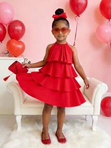 Young Girl's Elegant Layered Cake Halter Dress, Red, Suitable For Summer, Valentine's Day, Vacation, Girls' Valentine's Day Dress, Valentine's Day Gift - Red - View 7