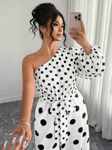 Elenzga Mono de pierna ancha de cintura ceñida con hombros oblicuos de manga larga y parches de lunares para mujer de talla grande, elegante, de moda, versátil, adecuado para salidas, primavera/verano - Blanco y Negro - Ver 7