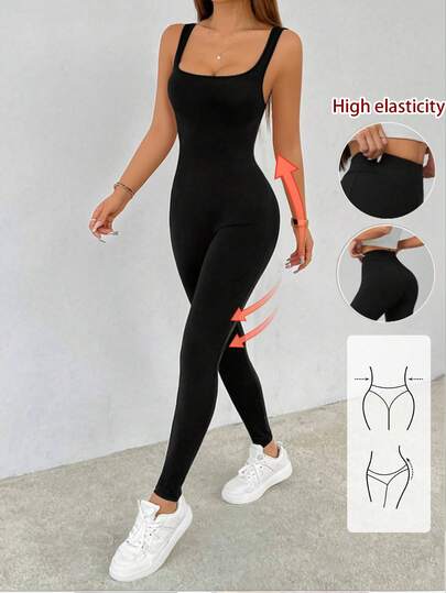 SHEIN PETITE Women's Solid Color Round Neck Backless Sleeveless Jumpsuit, Black Clothes ,Petite Women