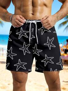 Manfinity Swimmode Men's Summer Vacation Style Starfish Print Drawstring Waist Slant Pocket Loose Beach Shorts - Black - View 4