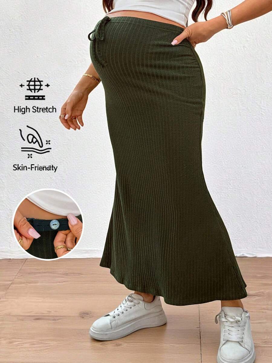 SHEIN 纯色蝴蝶结抽绳孕妇裙 - 軍綠色 - 查看 1