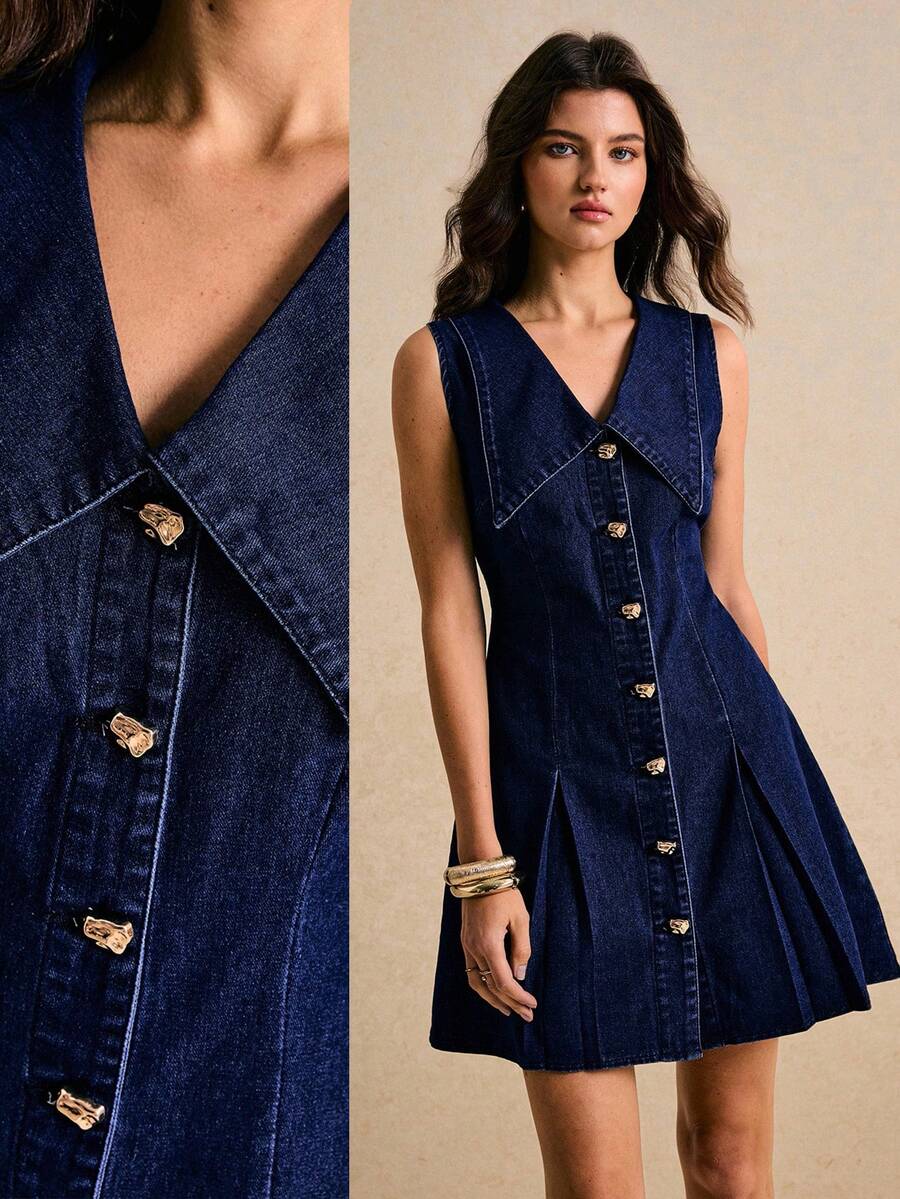 Poéselle 女士休闲前扣褶裥无袖牛仔连衣裙，夏季女士牛仔连衣裙，纽扣牛仔连衣裙，褶裥牛仔连衣裙，女士牛仔连衣裙，纽扣连衣裙，浅蓝色牛仔连衣裙，翻领牛仔连衣裙，修身牛仔连衣裙，女士S码牛仔连衣裙，曲线牛仔连衣裙，牛仔迷你连衣裙 - 深色水洗藍 - 查看 1