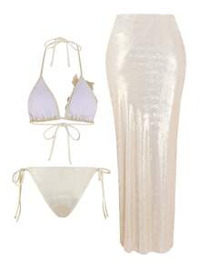 Swim Oasis 3 Stück/Set Sommer Neu Hochwertig Glänzender Stoff Pailletten Stickerei Blumen Dreieck Bikini Push-Up Badeanzug Einteiler für Frauen - Aprikosenfarben - Übersicht 2