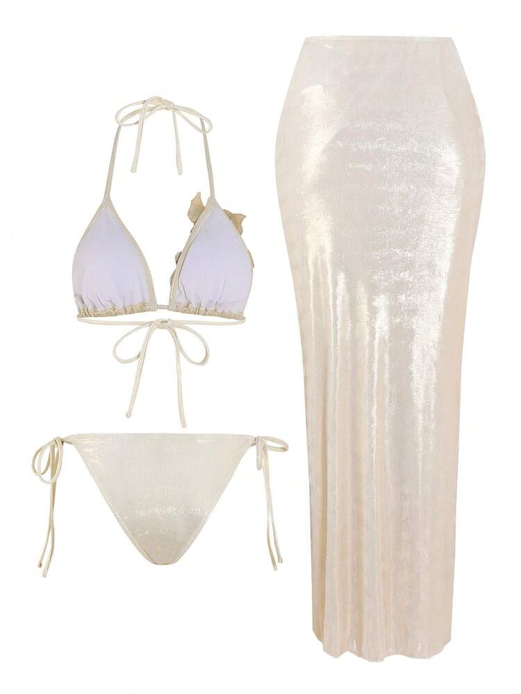 Swim Oasis Bộ 3 món bikini tam giác cao cấp mùa hè mới, chất liệu vải bóng, đính sequin và thêu hoa, kiểu dáng nâng ngực, đồ bơi liền thân cho nữ. - Màu be - Xem 2