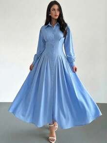 Firerie 女士休闲优雅系带纽扣连衣裙，适合通勤/蓝色A字裙/流行色/春季服装/教师装/精致衬衫裙/女士休闲连衣裙/显瘦连衣裙/女士正式连衣裙 - 藍色 - 查看 6