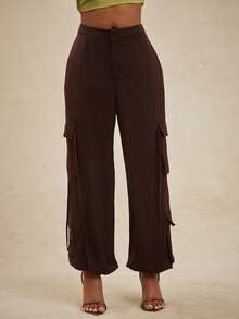 NYA SZN 休闲纯色抽绳工装裤 - 棕色 - 查看 6