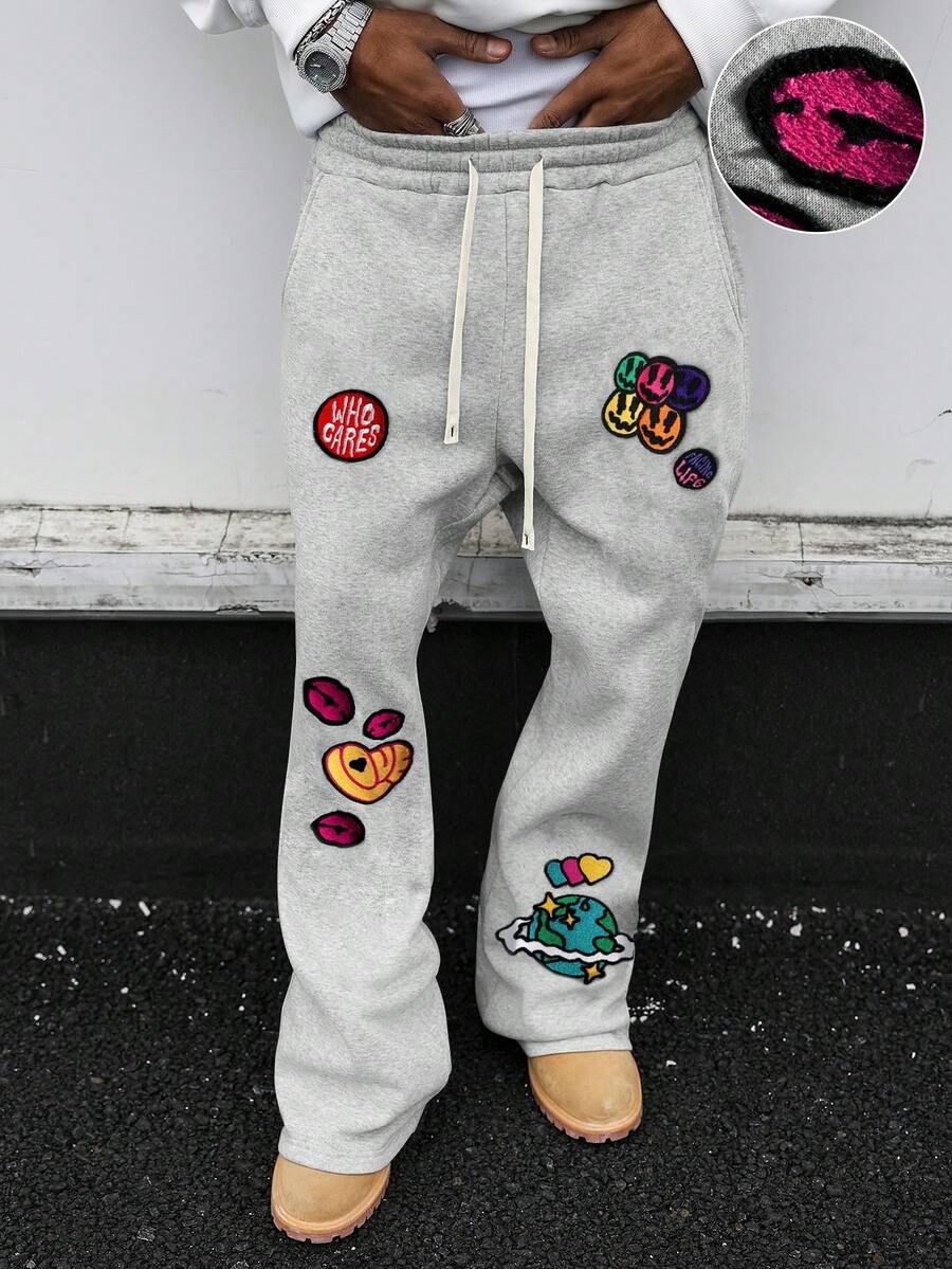 PAVTROS Quần thể thao nam cạp chun, có dây rút, họa tiết trái tim, kiểu dáng thường ngày. - Xám - Xem 1