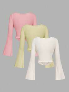 SHEIN MOD 3pcs Women's Solid Color Round Neck Bell Sleeve Ruched T-Shirts - Multicolor - View 2