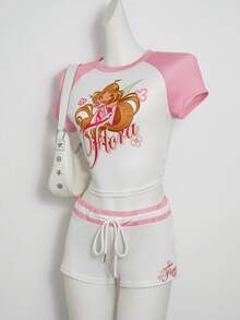 The Winx X SHEIN 两件套女士字母卡通图案撞色圆领短袖上衣和打结短裤套装 - 白色 - 查看 5