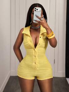 BamGleam Women's Yellow Summer Chic Textured Jumpsuit, Collar Button Casual Sexy Romper For Club Night Out Vacation Night, Boho Beach Vacation, Western Cruise - Yellow - View 5