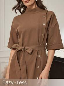 Dazy-Less Damen einfarbiges Stehkragen Kleid mit Drop-Shoulder, einreihig geknöpft, lässiges Maxikleid, Business Casual Damenkleid - Braun - Übersicht 11