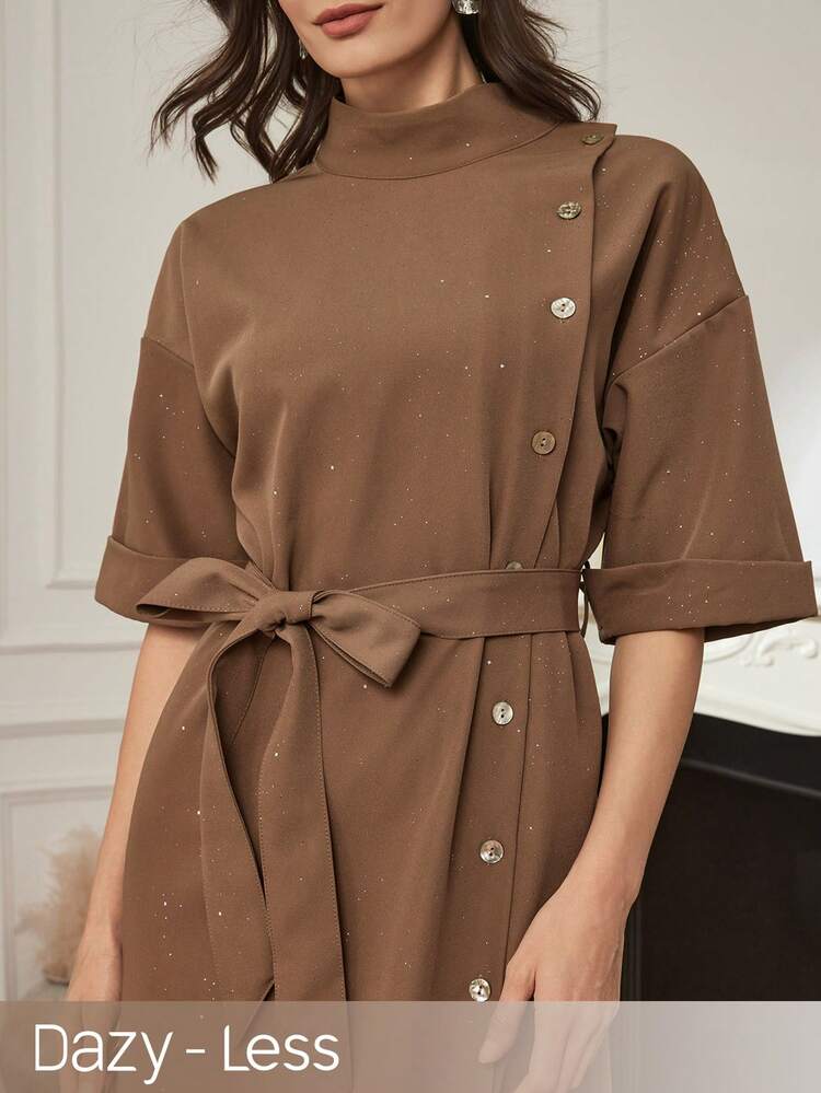 Women's Solid Color Stand Collar Drop Shoulder Single-Breasted Casual Long Dress Business Casual Woman Dress Sundress