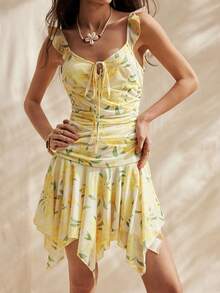 Easelle Đầm ngắn ôm sát người trễ vai, thắt nơ phía trước, in hoa dành cho nữ, thích hợp cho kỳ nghỉ. - Cà phê nâu - Xem 6