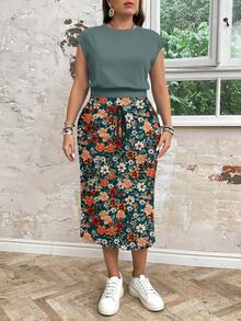 EMERY ROSE Plus Size Summer Casual Solid Color Top And Floral Print Skirt 2-Piece Set Spring - Teal Blue - View 3